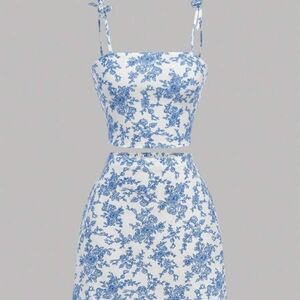 White And Blue Floral Print Tie Shoulder Cami Top Skirt Coord Set